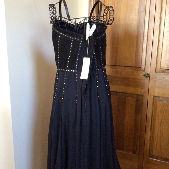 NWT Rebecca Taylor Lace Inset Strapless Gown Navy Blue Silk Maxi Dress - Picture 9 of 10